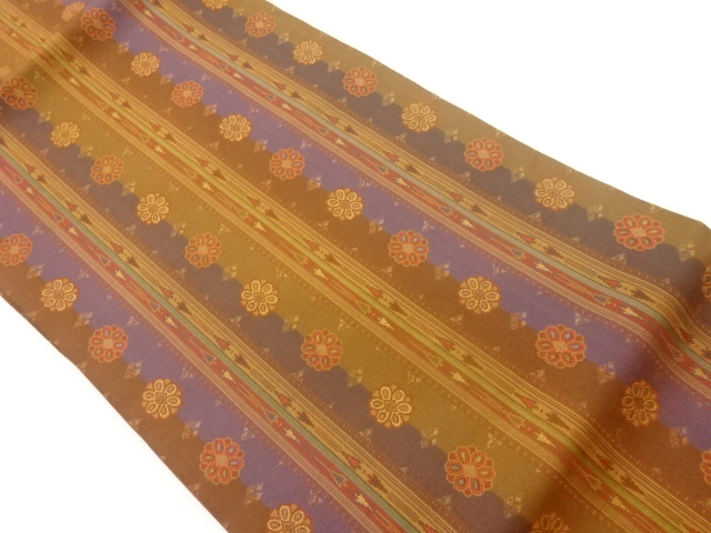 縞に花々・幾何学模様織出し名古屋帯